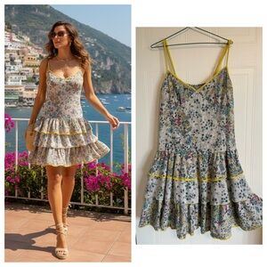 Yellow Floral Tiered Ruffle Dress 42 Mediterranean Dolce Vita Summer Mini